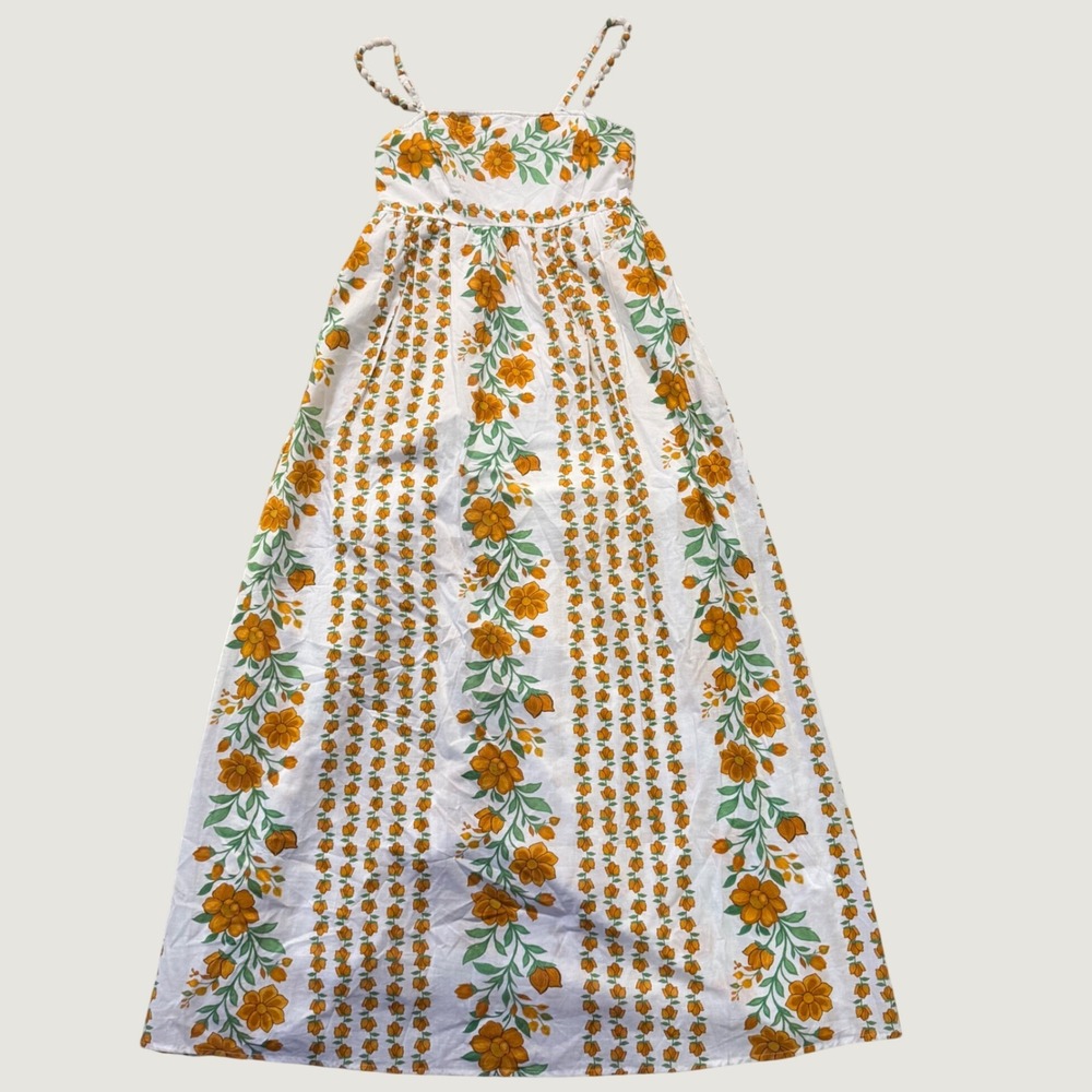 Floral Maxi Dress Size S Boho Cotton Smocked Back White Orange Green